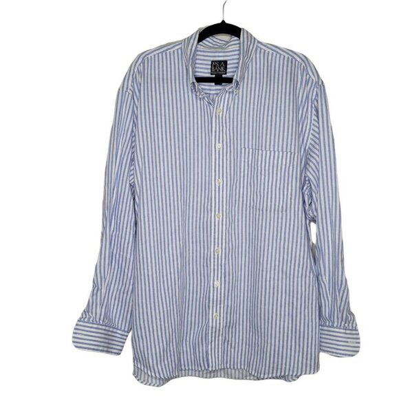 Jos A Bank Mens Blue White Railroad Stripe Long Sleeve Linen Button down XL - Picture 1 of 6